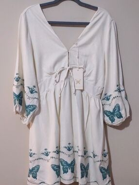 NWT Super Natural by Secret Mission Gia Butterfly Linen Mini Dress Creme $395 M